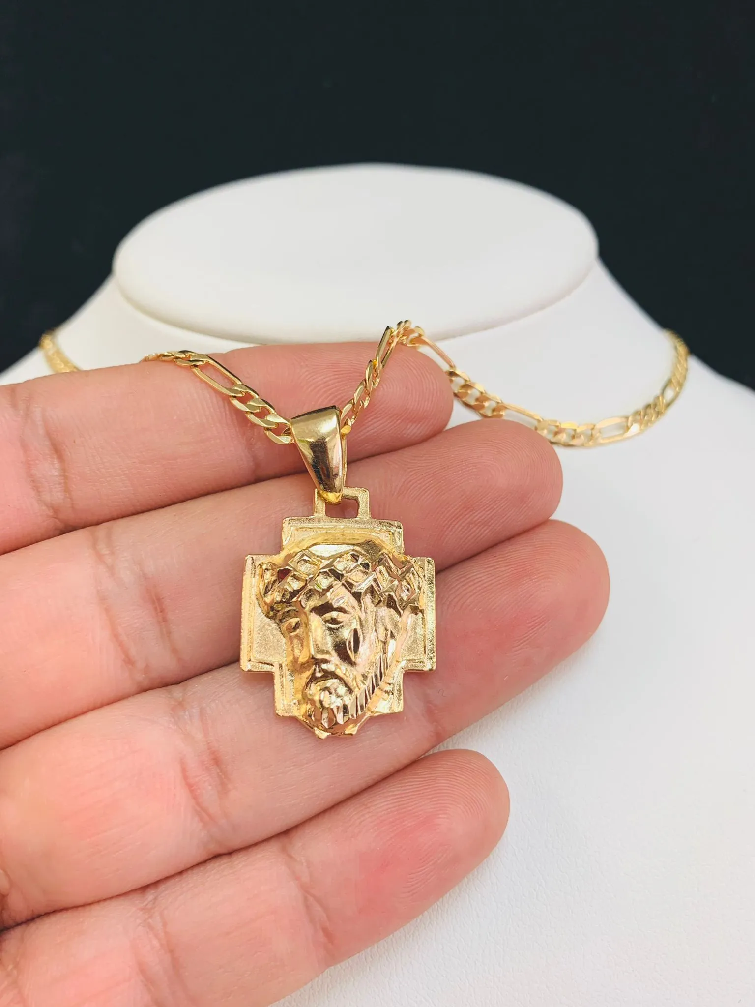 Jesus Christ Head Necklace • Jesus Head Pendant • Gold Filled Necklace • Figaro Link Chain 22"