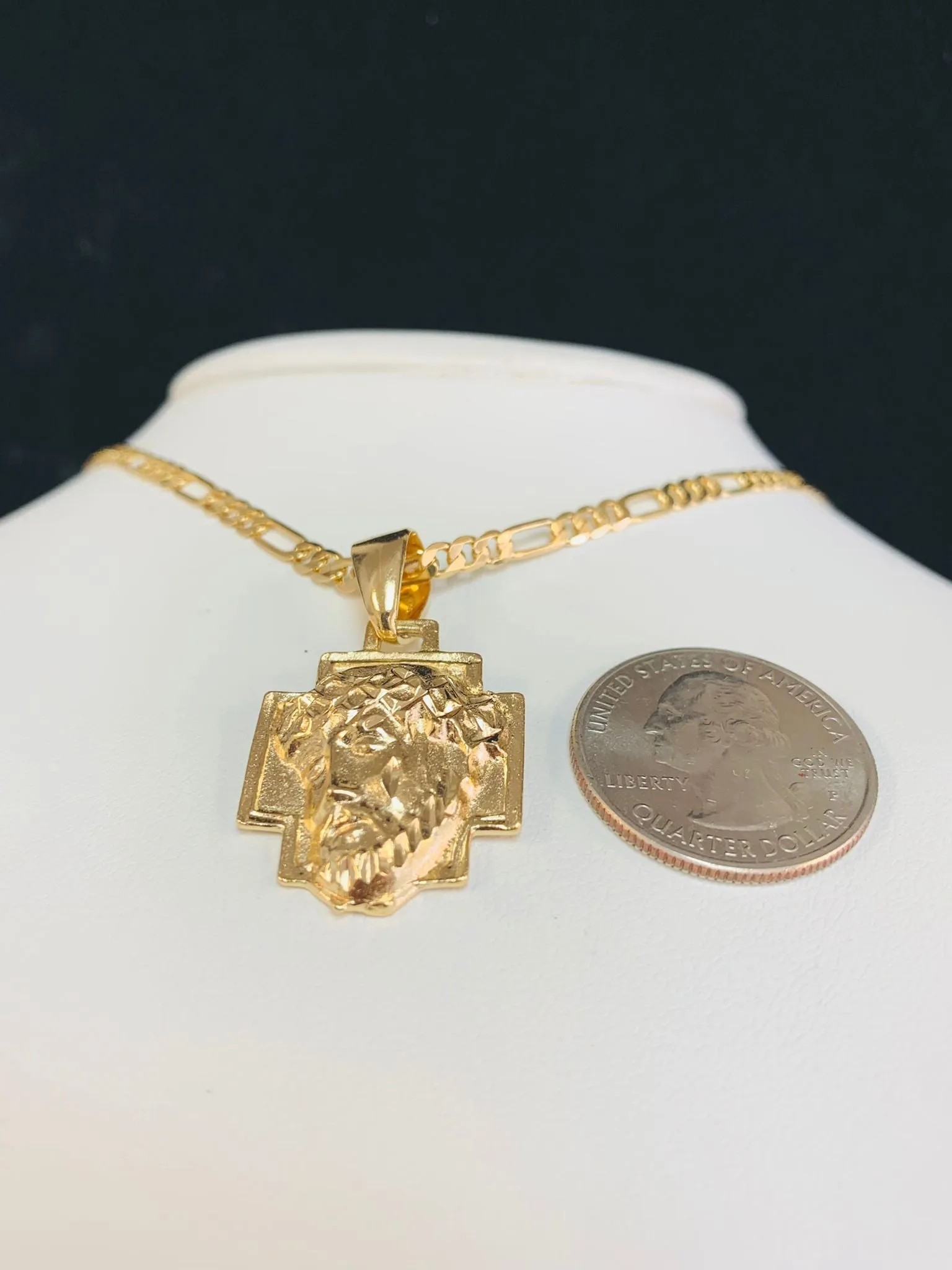 Jesus Christ Head Necklace • Jesus Head Pendant • Gold Filled Necklace • Figaro Link Chain 22"