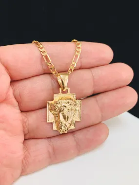 Jesus Christ Head Necklace • Jesus Head Pendant • Gold Filled Necklace • Figaro Link Chain 22"