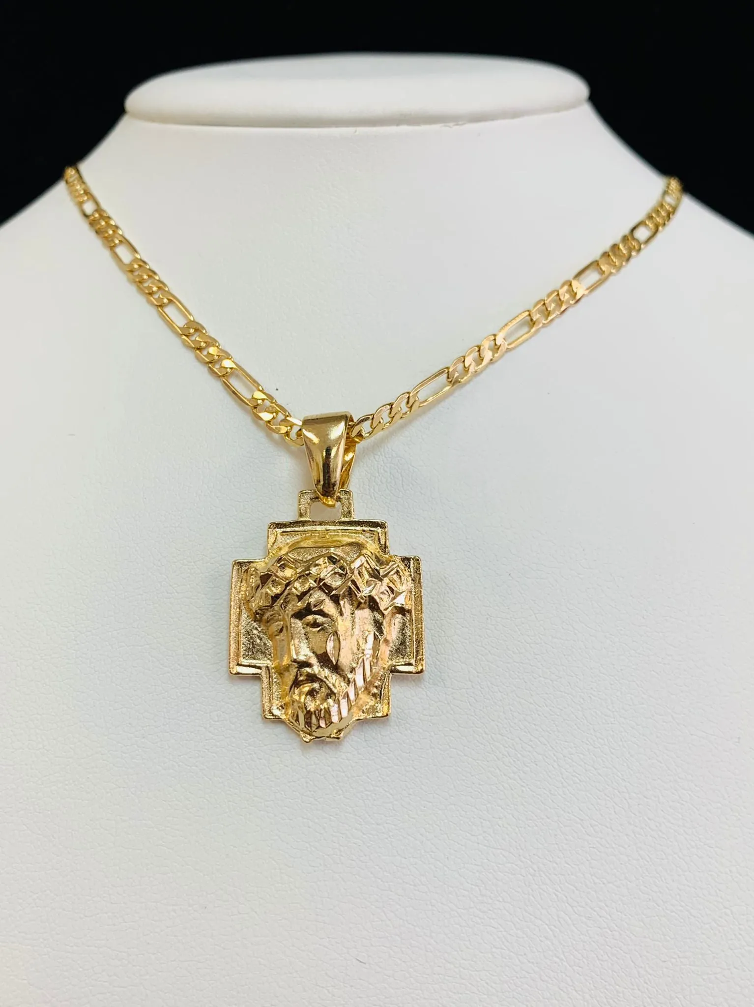 Jesus Christ Head Necklace • Jesus Head Pendant • Gold Filled Necklace • Figaro Link Chain 22"