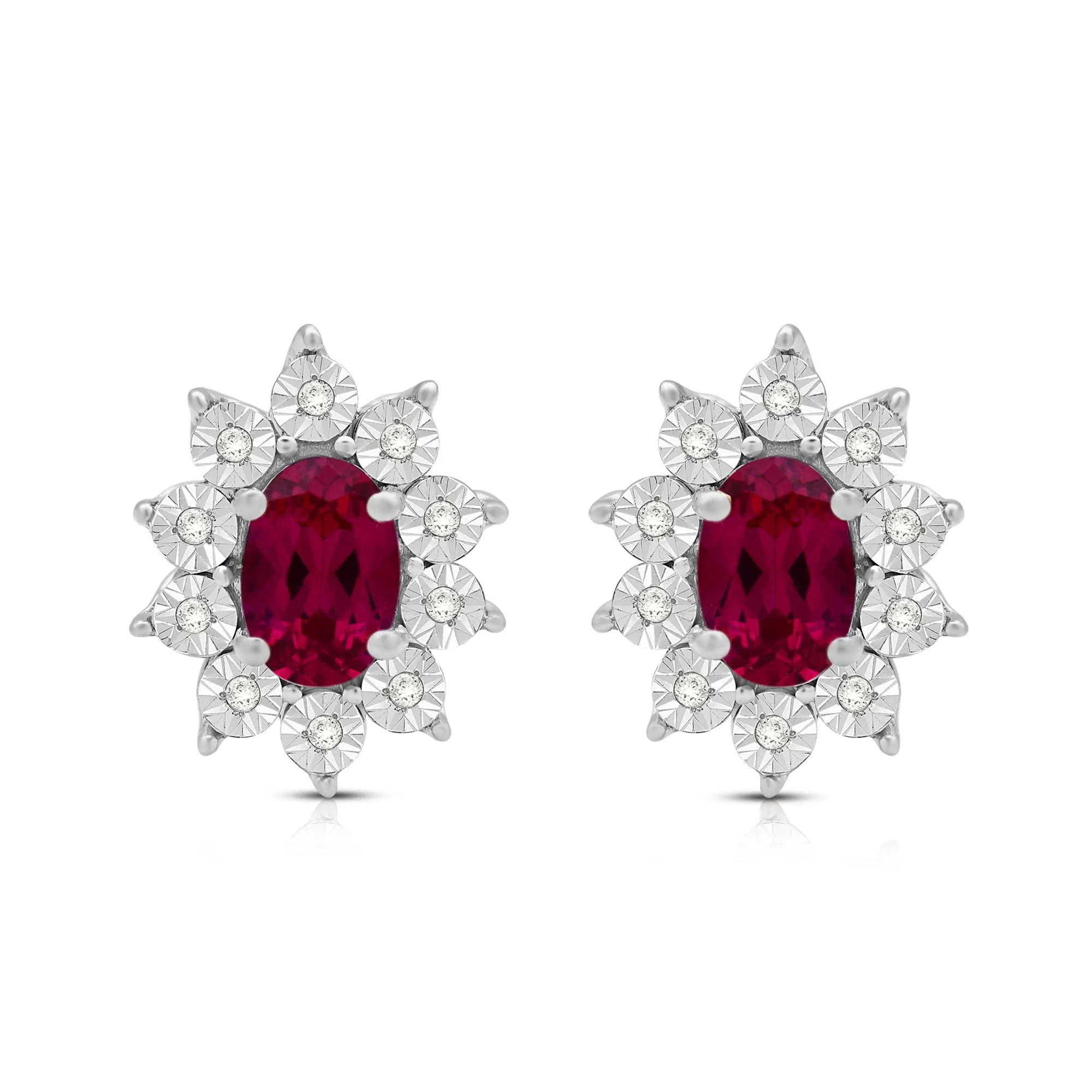 Jewelili Sterling Sliver 6x4 MM Oval Created Ruby and 1/20 Cttw Natural White Round Diamond Cluster Stud Earrings