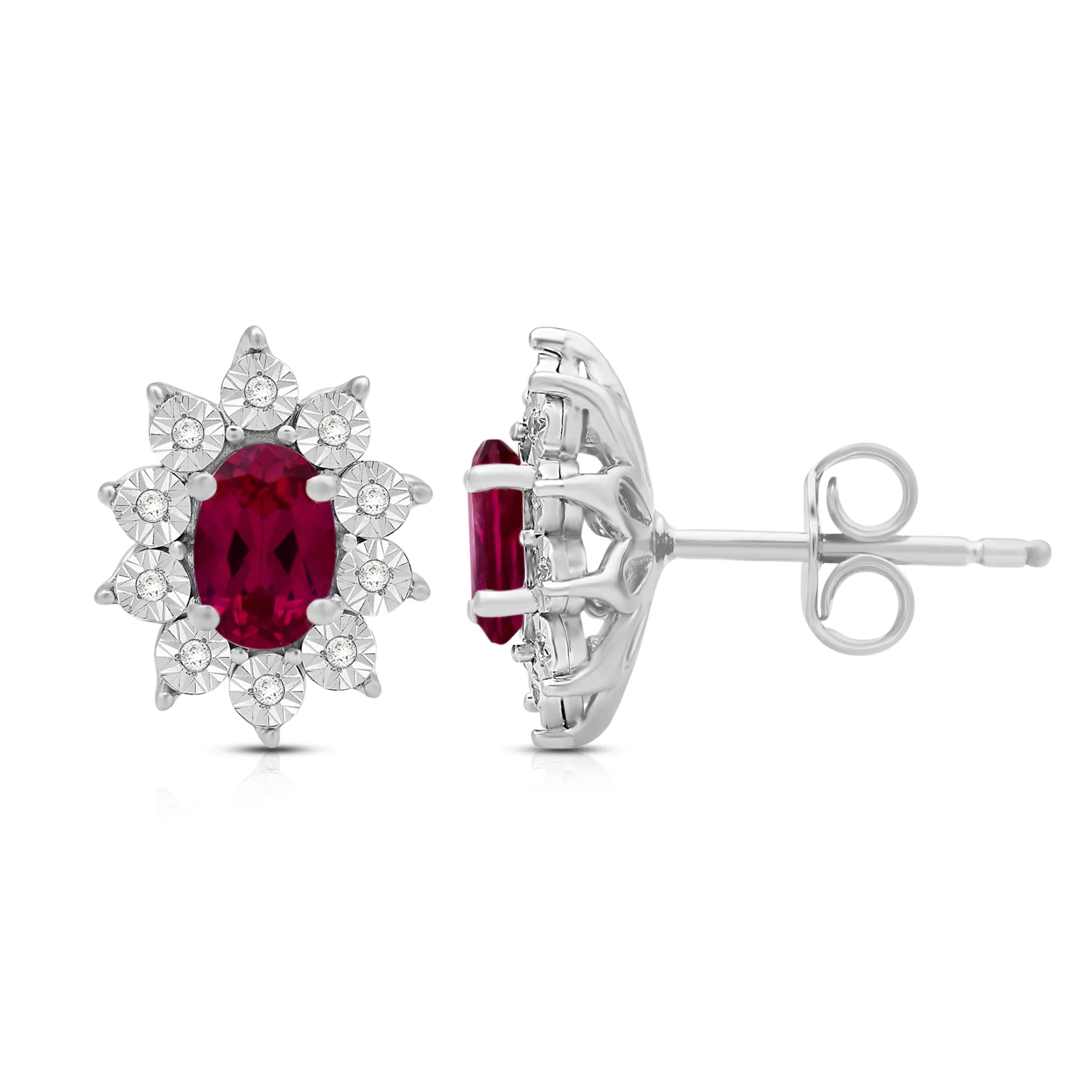 Jewelili Sterling Sliver 6x4 MM Oval Created Ruby and 1/20 Cttw Natural White Round Diamond Cluster Stud Earrings