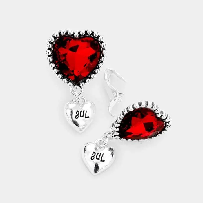 July Birthstone Heart Dangle Clip On Earrings