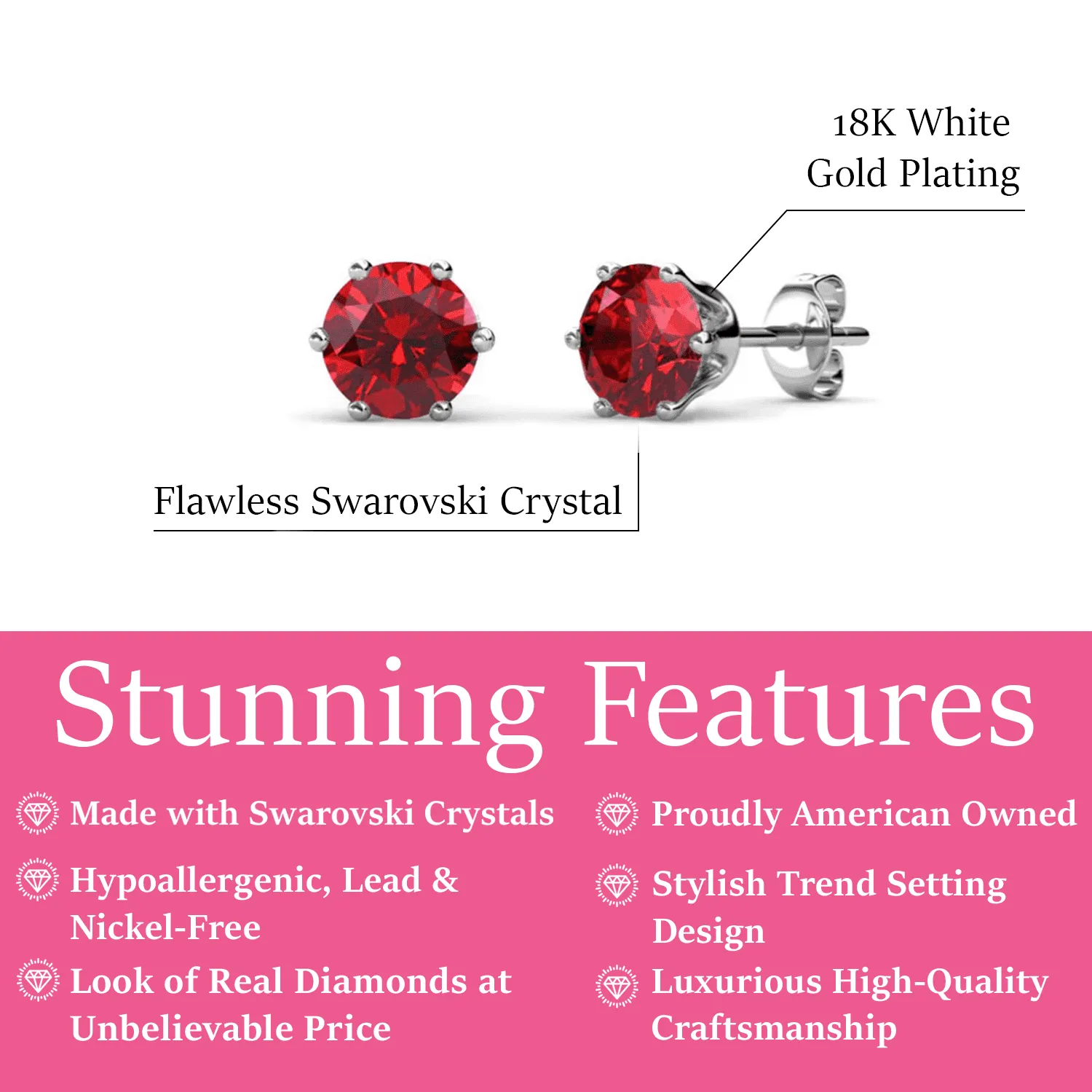 July Birthstone Ruby Earrings, 18k White Gold Plated Stud Earrings with 1CT Swarovski Crystal