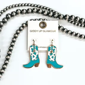 Kick Your Boots Up Cow Print Boot Hanging Pendant Earrings in White and Turquoise