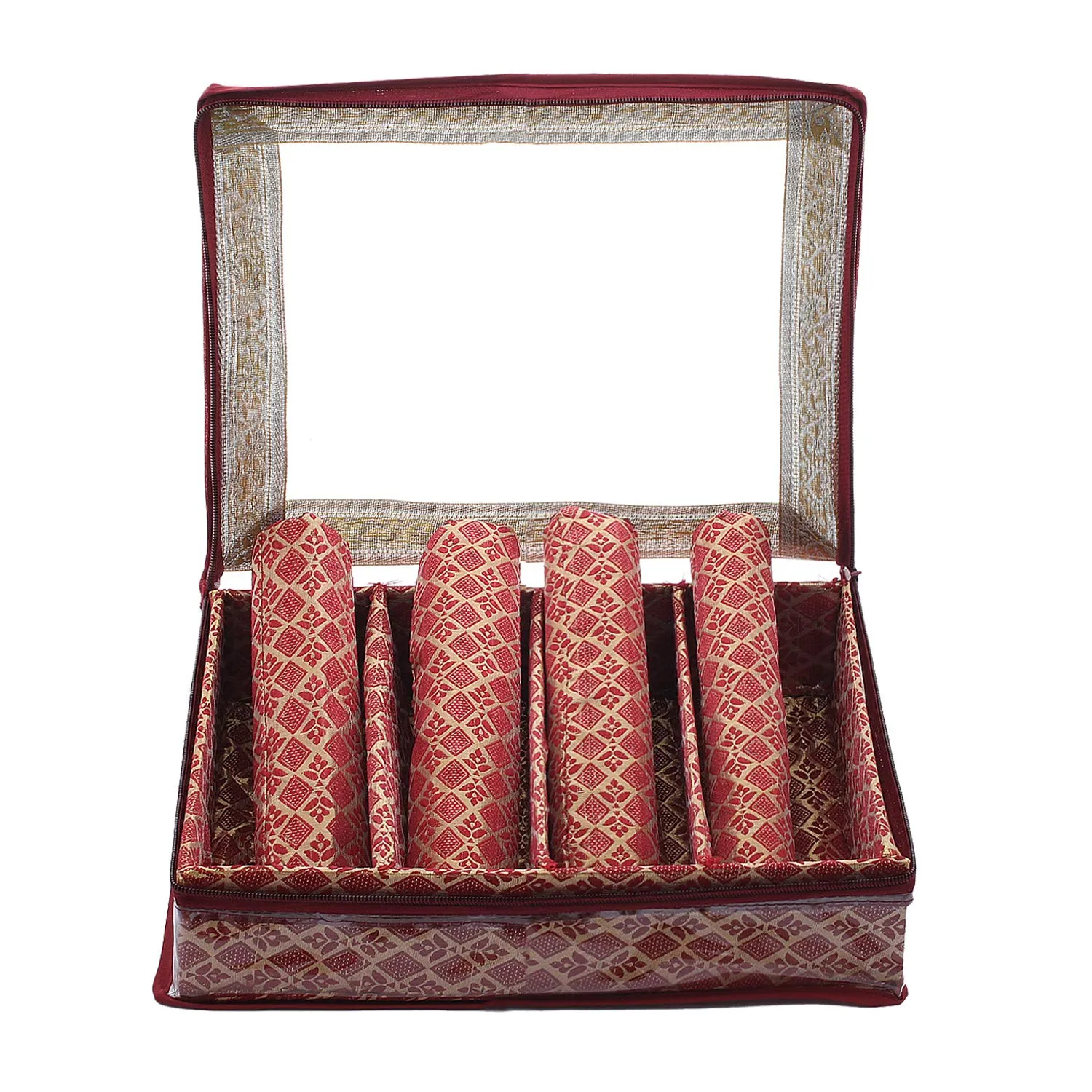 Kuber Industries Brocade Hardboard Four Rod Bangle Box (Maroon) - CTKTC42046