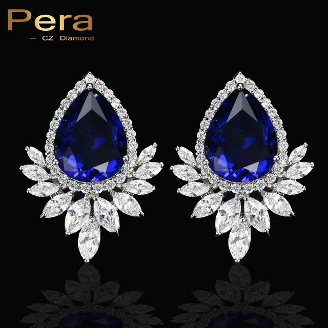 Ladies Big Pear Cut Stud Ear Jewelry Red Cubic Zirconia Stone Paved Evening Party Earrings For Women