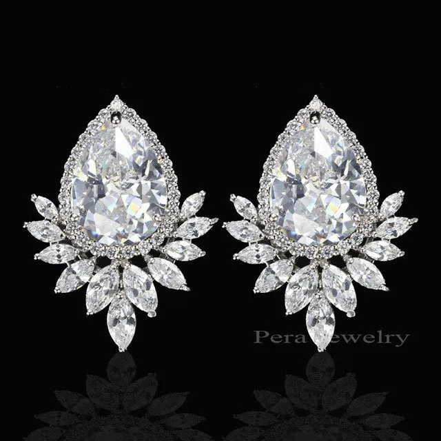 Ladies Big Pear Cut Stud Ear Jewelry Red Cubic Zirconia Stone Paved Evening Party Earrings For Women