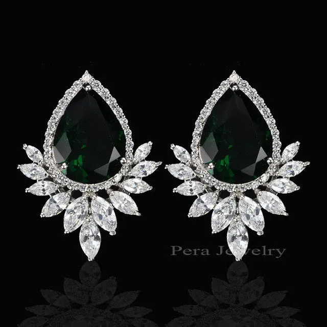 Ladies Big Pear Cut Stud Ear Jewelry Red Cubic Zirconia Stone Paved Evening Party Earrings For Women