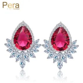 Ladies Big Pear Cut Stud Ear Jewelry Red Cubic Zirconia Stone Paved Evening Party Earrings For Women