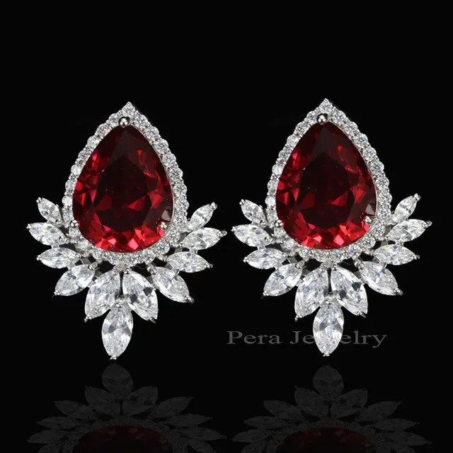 Ladies Big Pear Cut Stud Ear Jewelry Red Cubic Zirconia Stone Paved Evening Party Earrings For Women