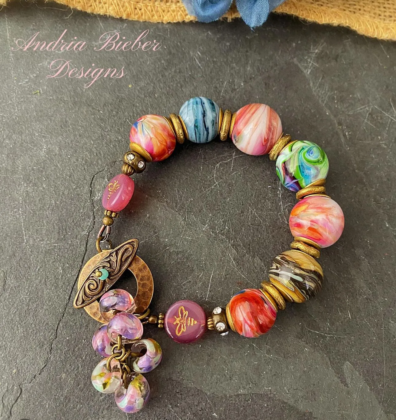 Lampwork glass, button glass, African brass, bracelet, jewelry