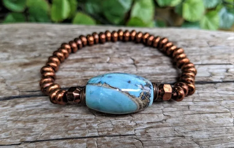 Large Blue Agate Gemstone Bead & Antique Copper Elastic Bracelet