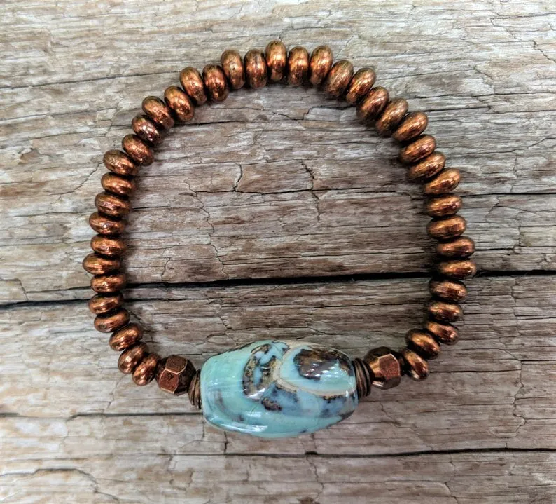 Large Blue Agate Gemstone Bead & Antique Copper Elastic Bracelet