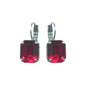 Large Emerald Cut Leverback Earrings in "Ruby" - Antique Silver