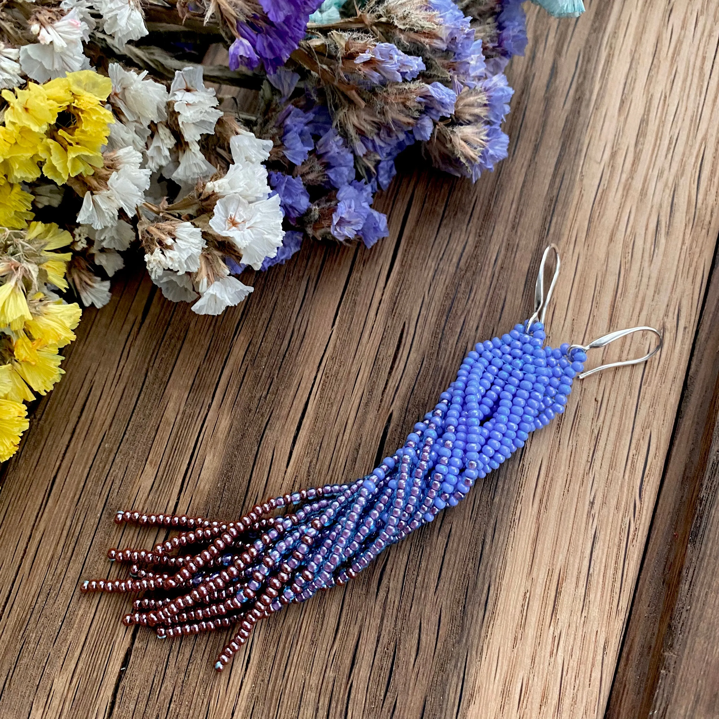 Long Dangle Ombre Blue Purple Copper seed bead fringe Chandelier Earrings for Women in Boho Hippie Style