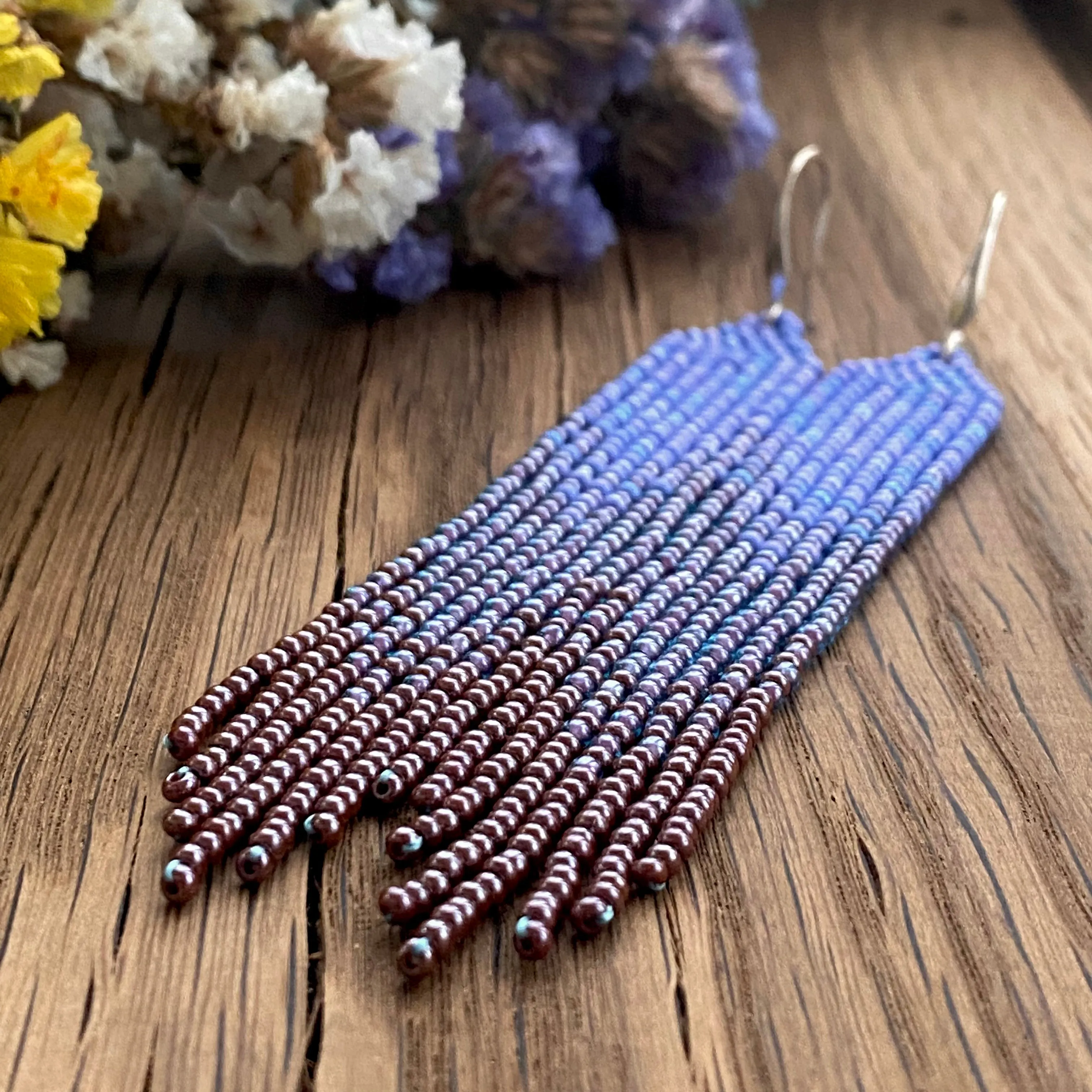 Long Dangle Ombre Blue Purple Copper seed bead fringe Chandelier Earrings for Women in Boho Hippie Style