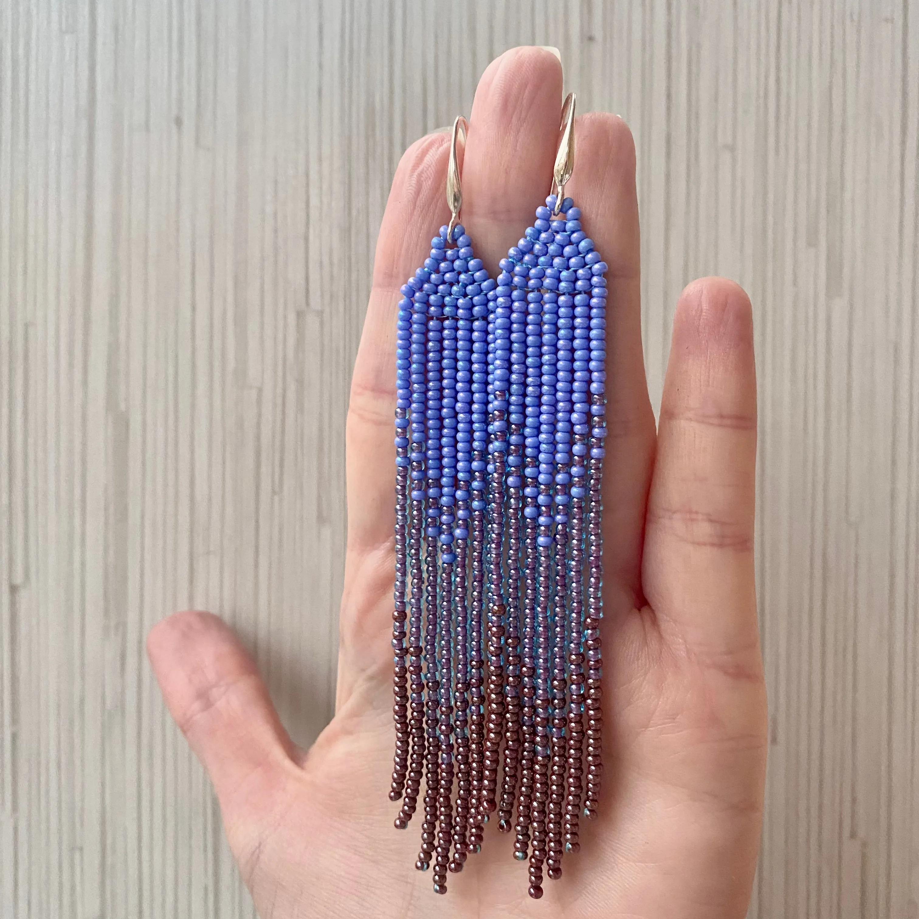 Long Dangle Ombre Blue Purple Copper seed bead fringe Chandelier Earrings for Women in Boho Hippie Style