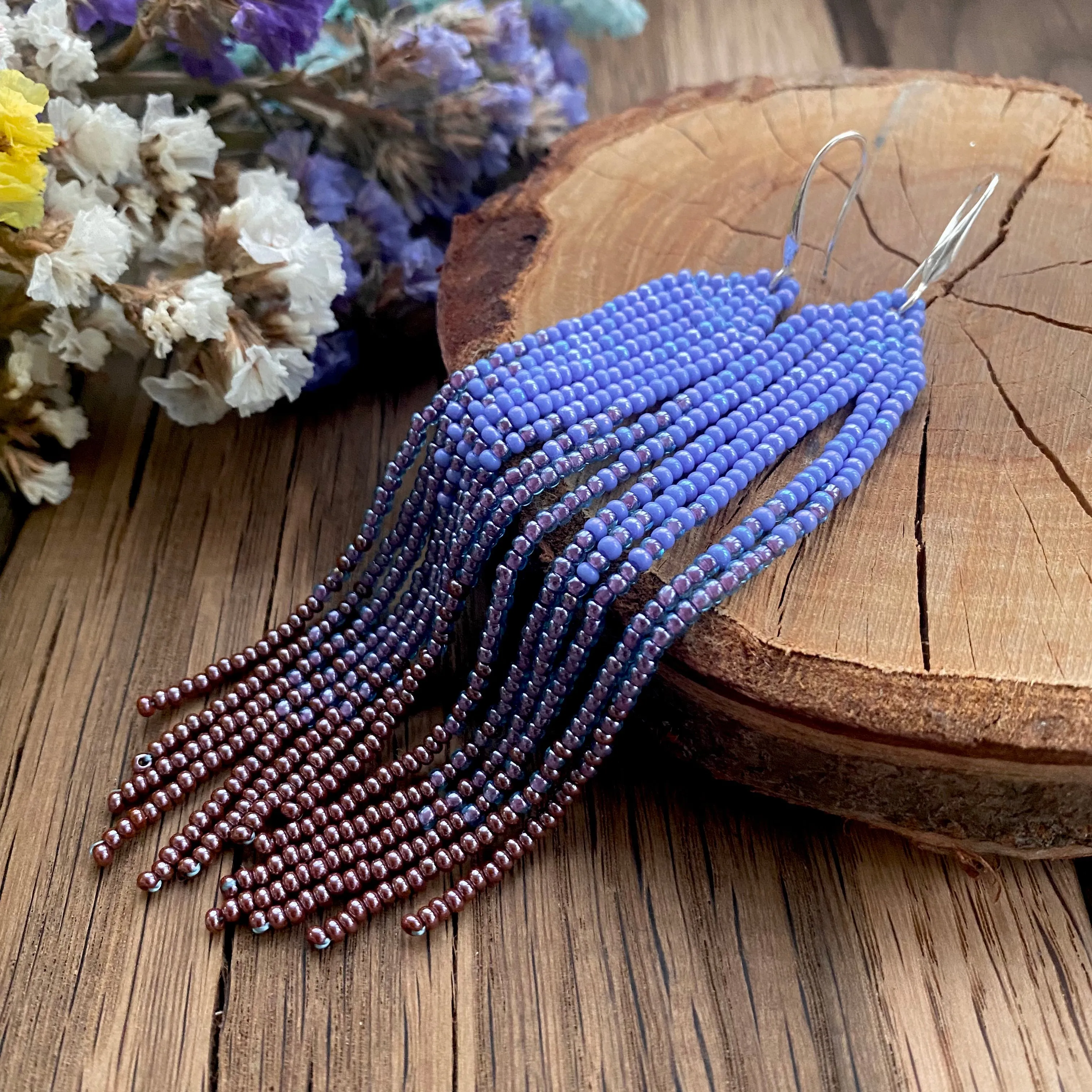 Long Dangle Ombre Blue Purple Copper seed bead fringe Chandelier Earrings for Women in Boho Hippie Style