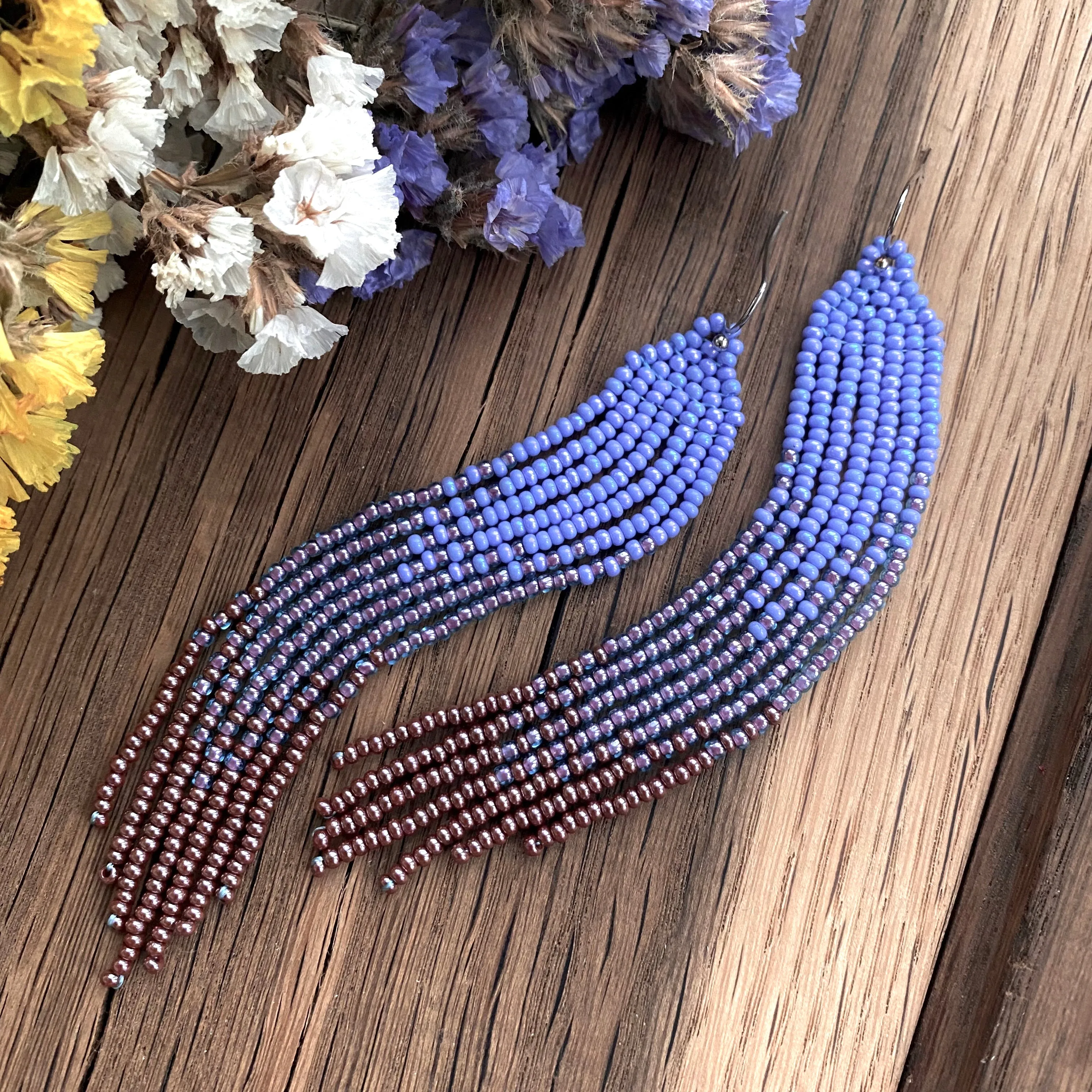 Long Dangle Ombre Blue Purple Copper seed bead fringe Chandelier Earrings for Women in Boho Hippie Style