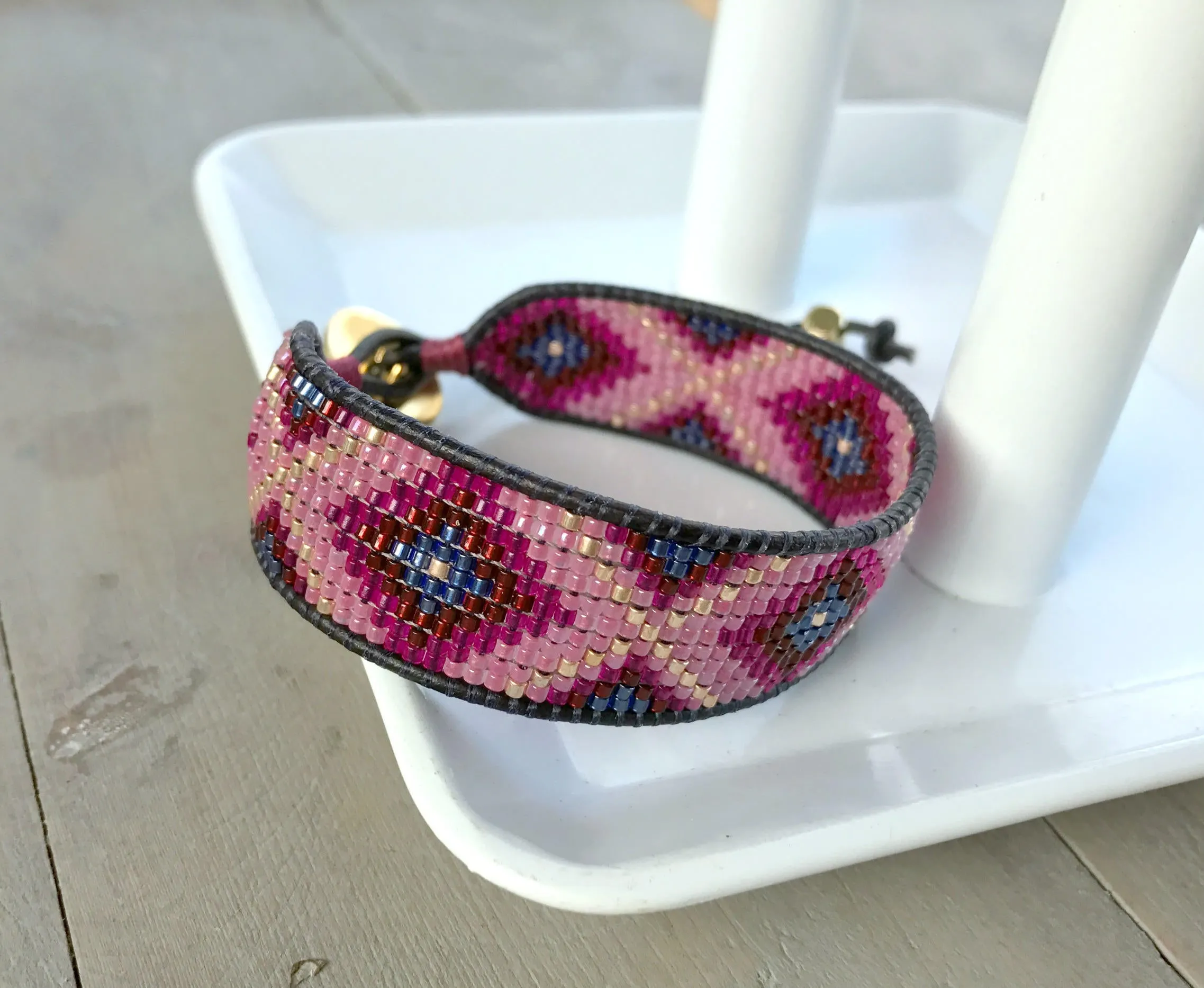 Loom Woven Maroon Pink Navy and Gold Diamond beaded friendship bracelet