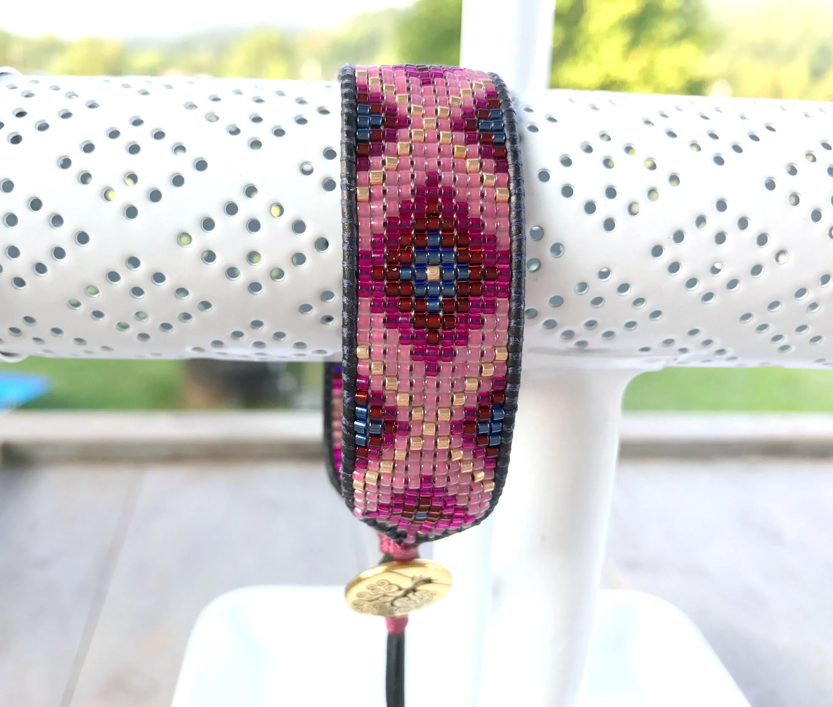 Loom Woven Maroon Pink Navy and Gold Diamond beaded friendship bracelet