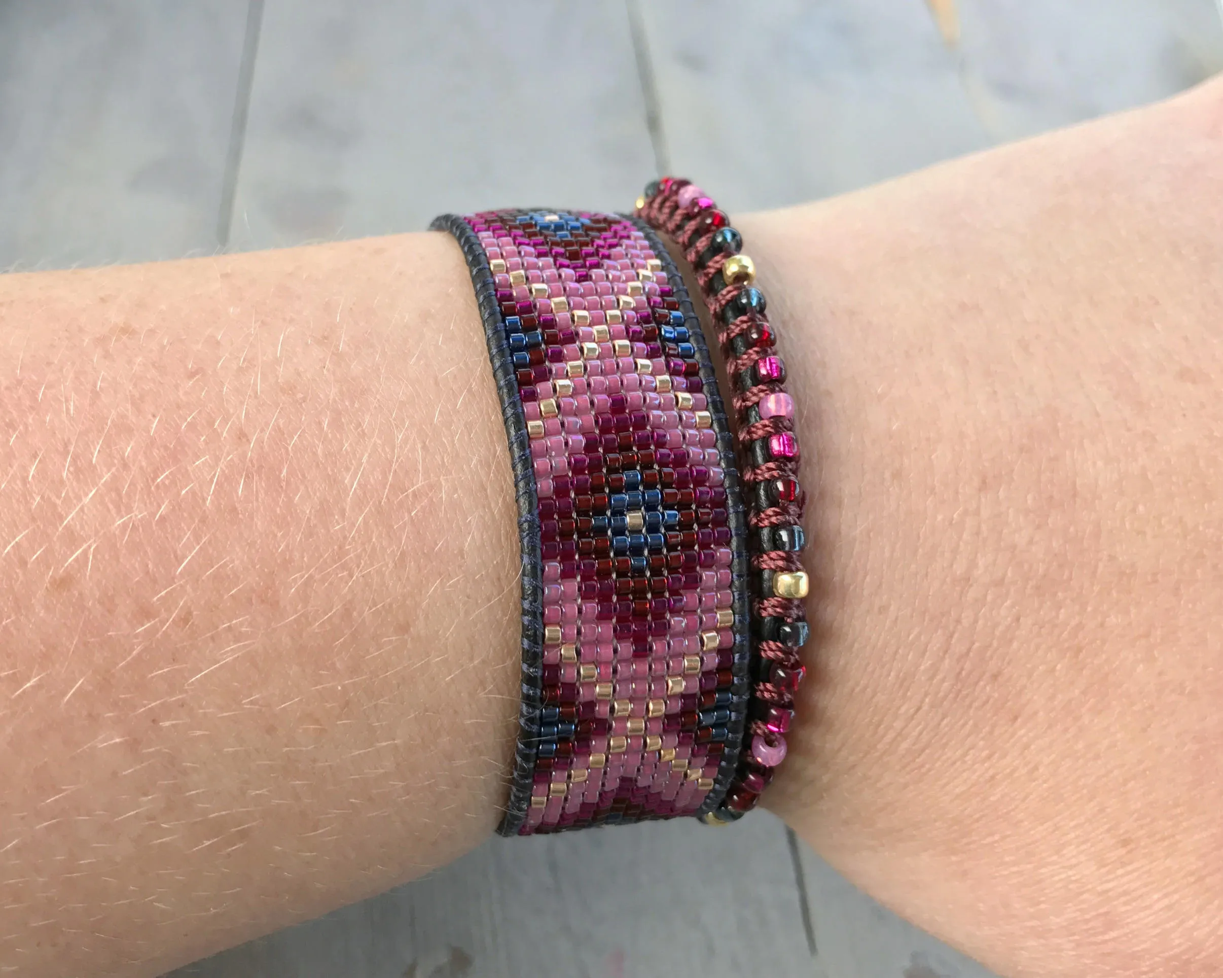 Loom Woven Maroon Pink Navy and Gold Diamond beaded friendship bracelet