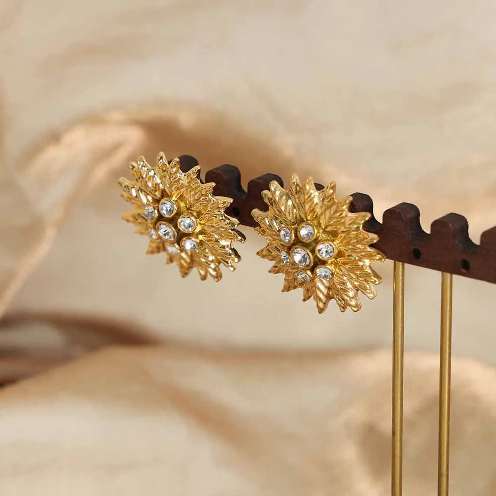 Luxurious Gold-Plated Zircon Flower Earrings in Titanium Steel