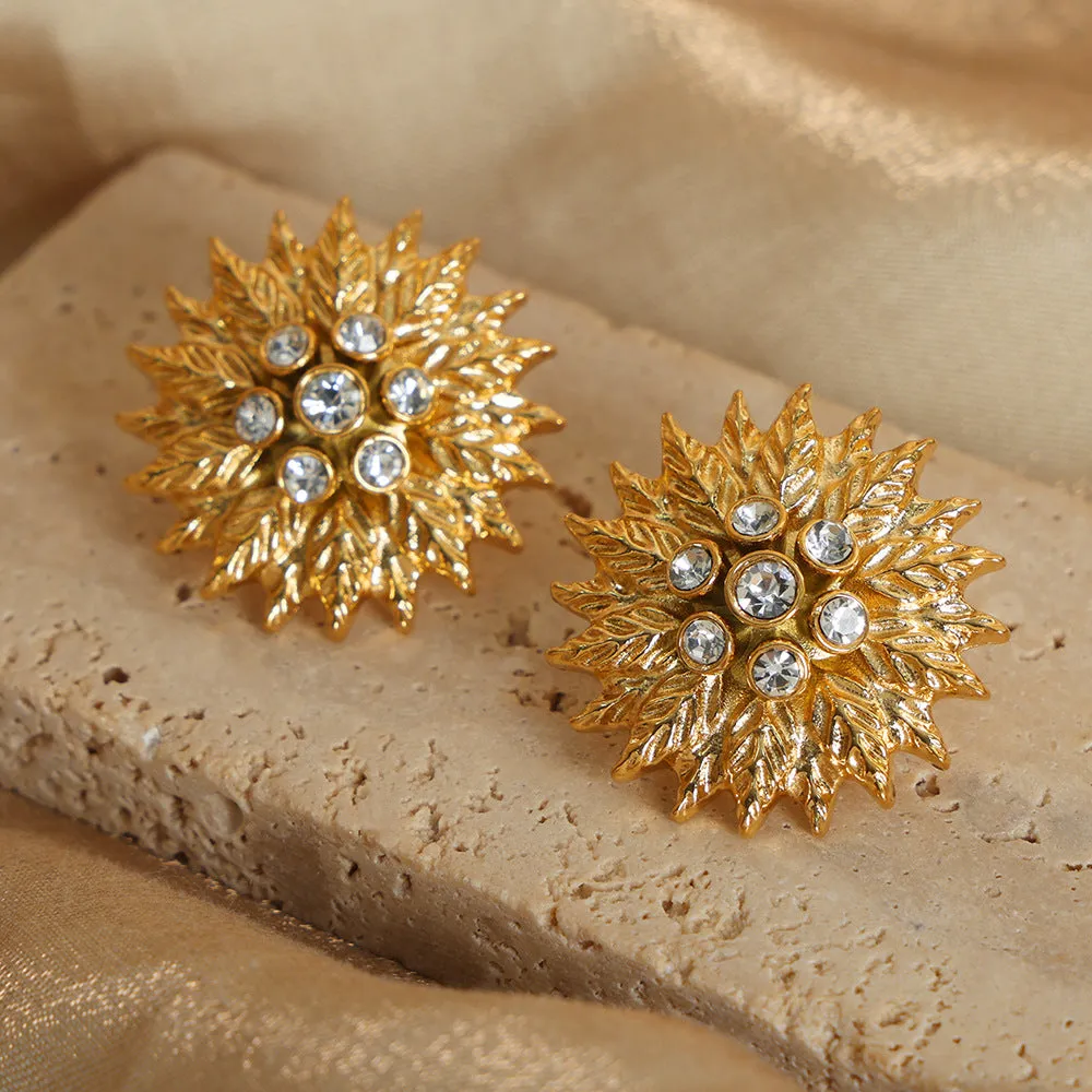 Luxurious Gold-Plated Zircon Flower Earrings in Titanium Steel