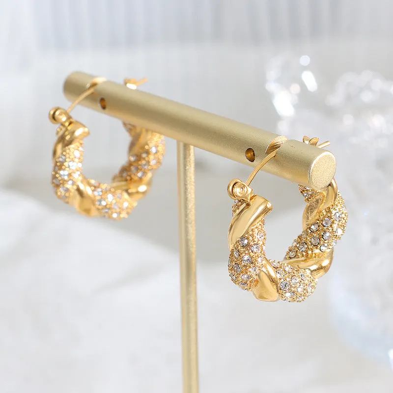 Luxurious U-Shaped Gold-Plated Zircon Twist Earrings with Titanium Steel - Elegant Ear Accessory