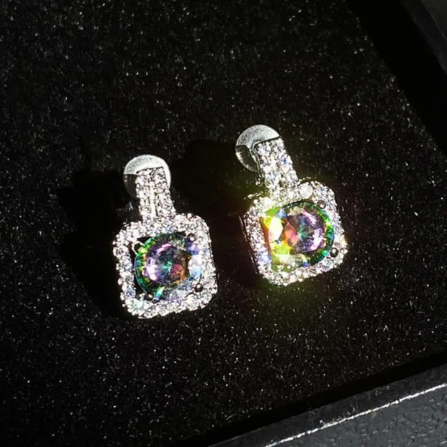 Luxury Jewelry Classic Square Stud Earrings for Women with Zircon in Silver Color