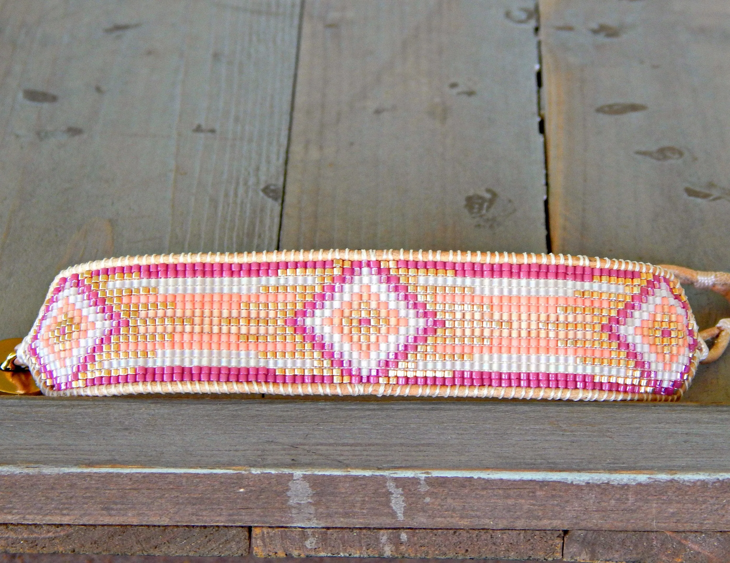 Magenta Pink and Gold Bead Loom Cuff Bracelet, custom handmade gift for her