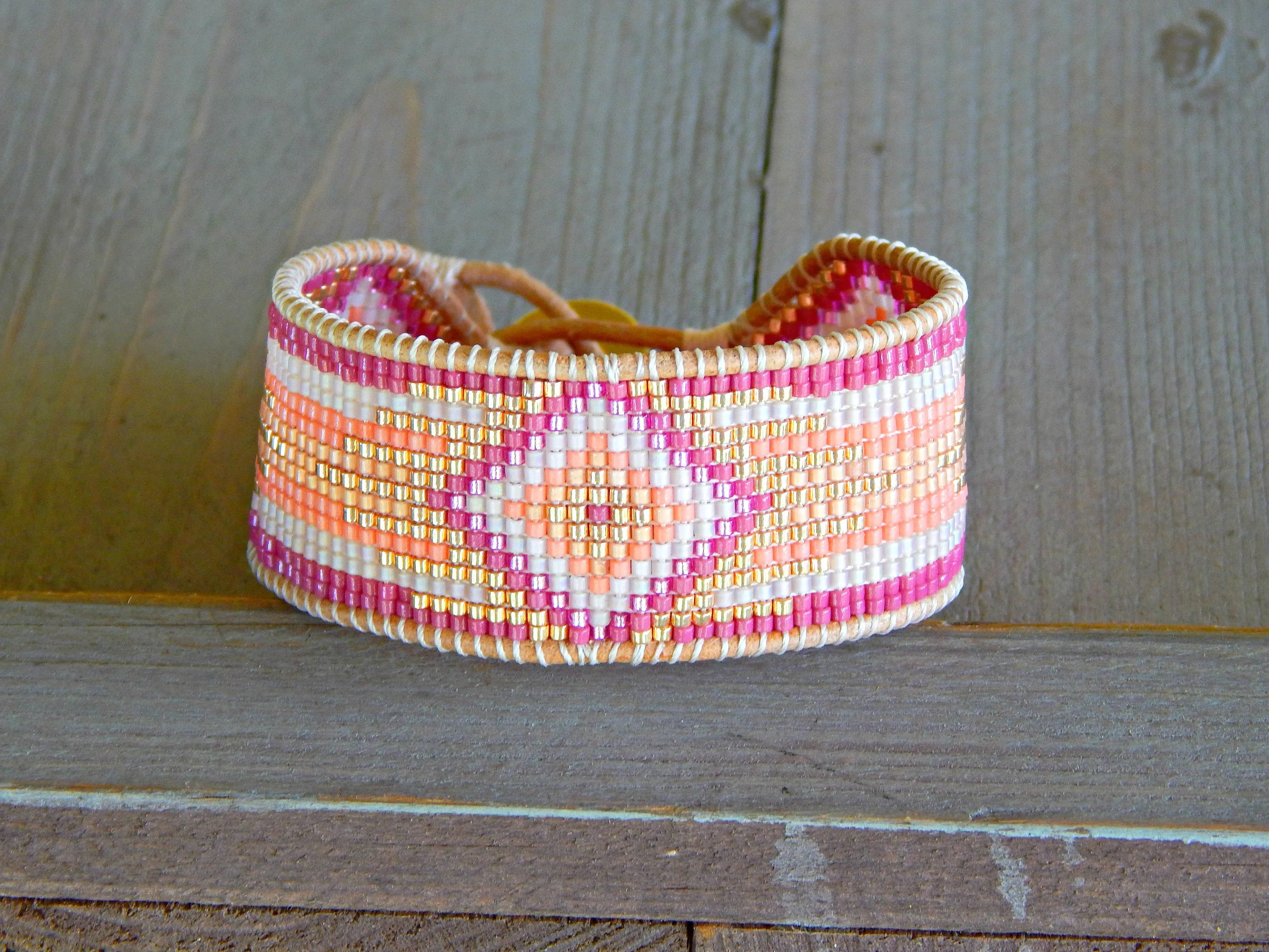 Magenta Pink and Gold Bead Loom Cuff Bracelet, custom handmade gift for her