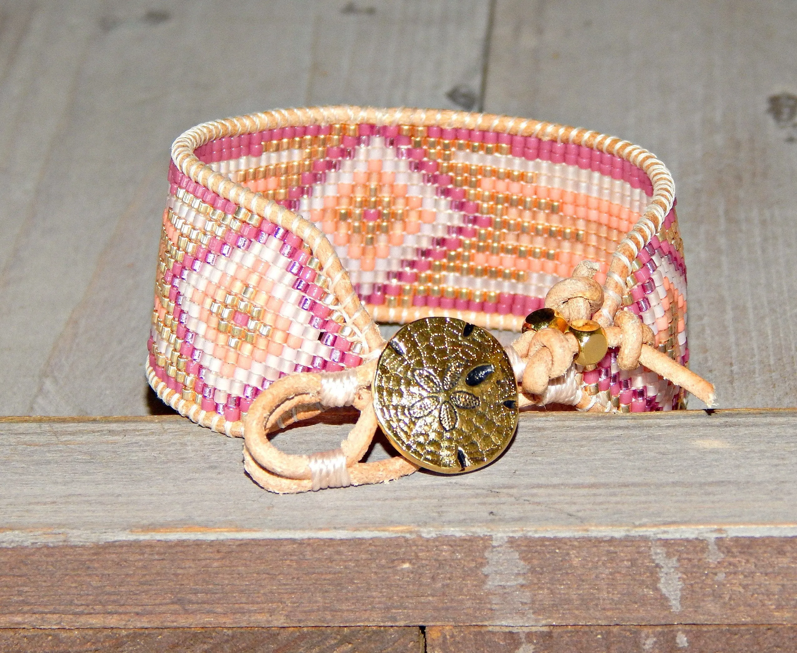 Magenta Pink and Gold Bead Loom Cuff Bracelet, custom handmade gift for her