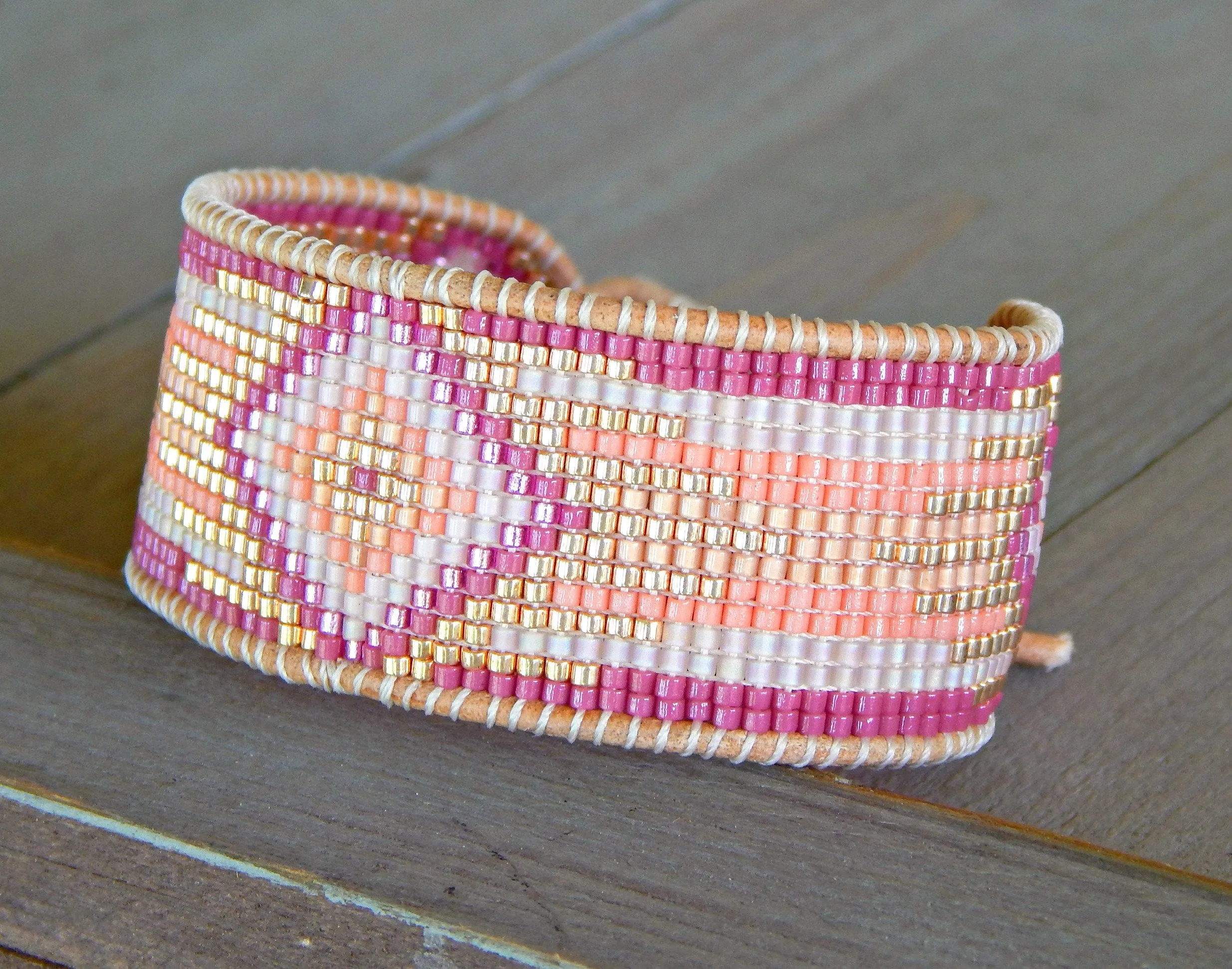 Magenta Pink and Gold Bead Loom Cuff Bracelet, custom handmade gift for her