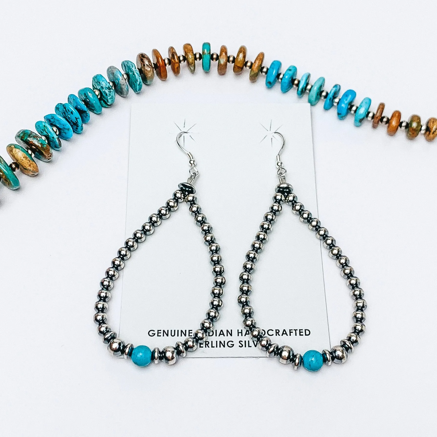 Mason Lee | Navajo Handmade Sterling Silver Navajo Pearl and Sleeping Beauty Turquoise Single Stone Hand Strung Teardrop Earrings