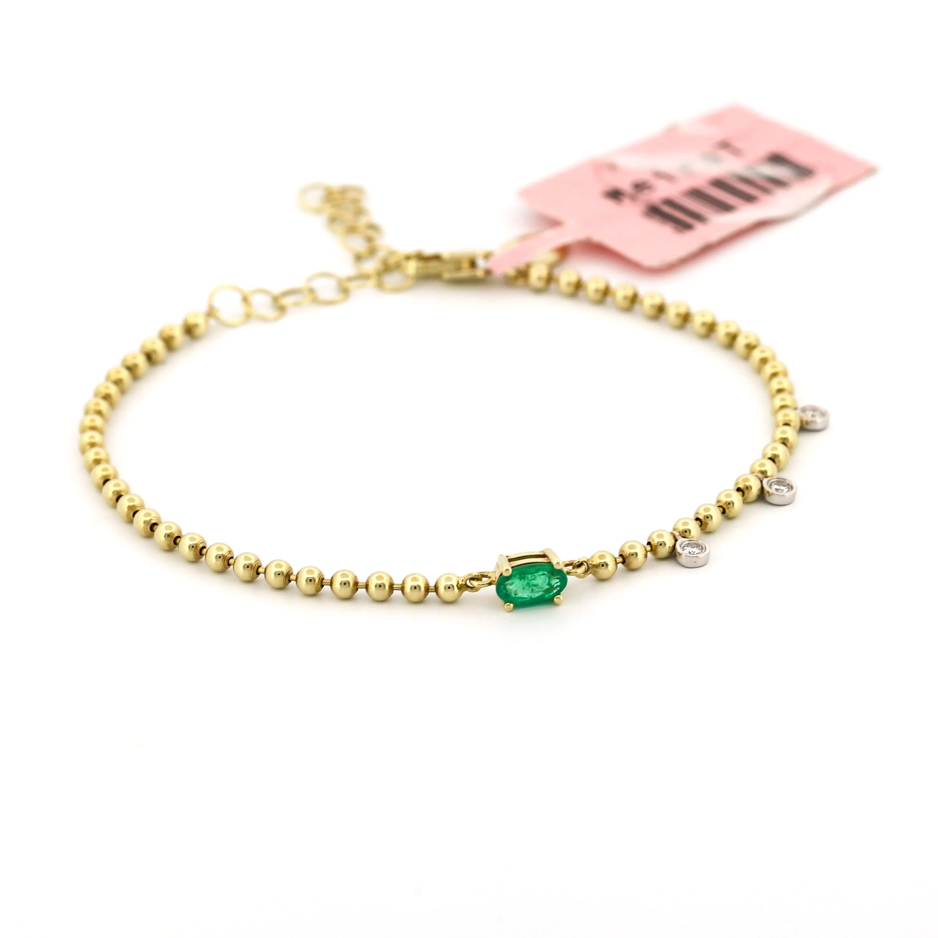 Meira T Emerald Bead Bracelet with 3 Dangling Diamonds 14k Gold