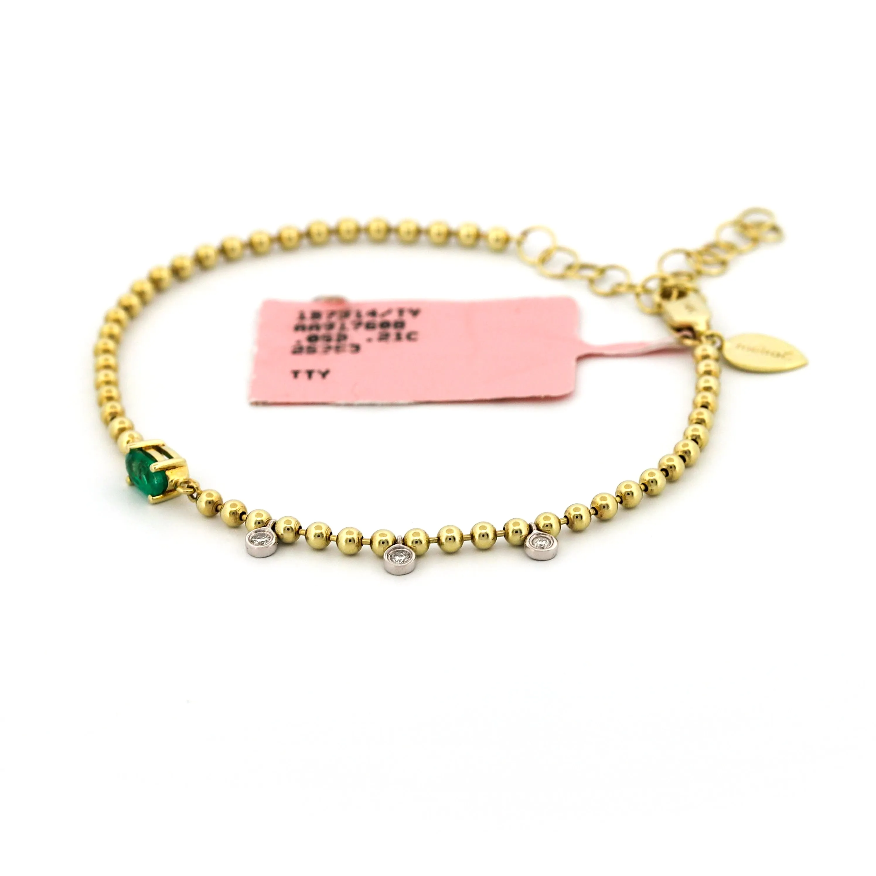 Meira T Emerald Bead Bracelet with 3 Dangling Diamonds 14k Gold