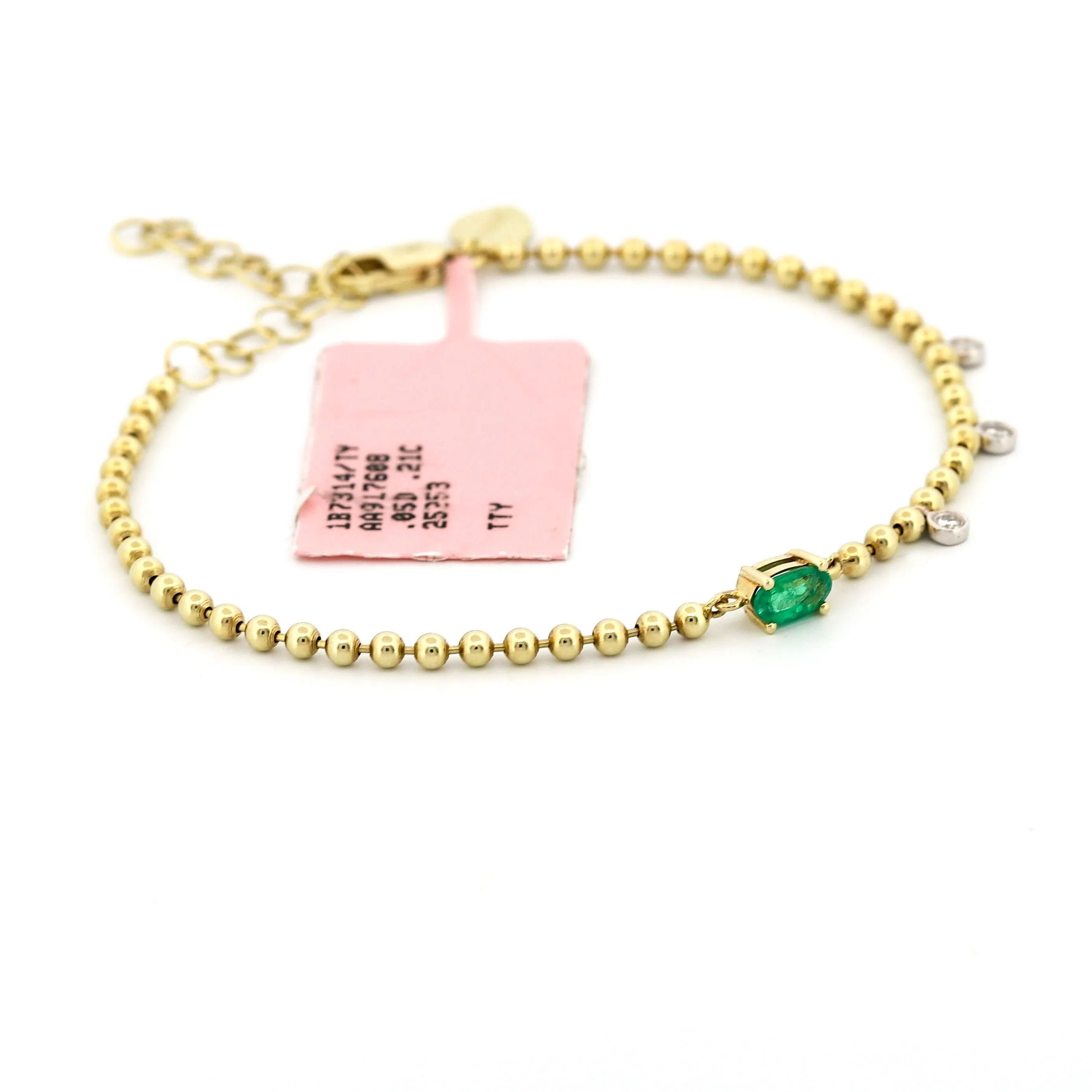 Meira T Emerald Bead Bracelet with 3 Dangling Diamonds 14k Gold