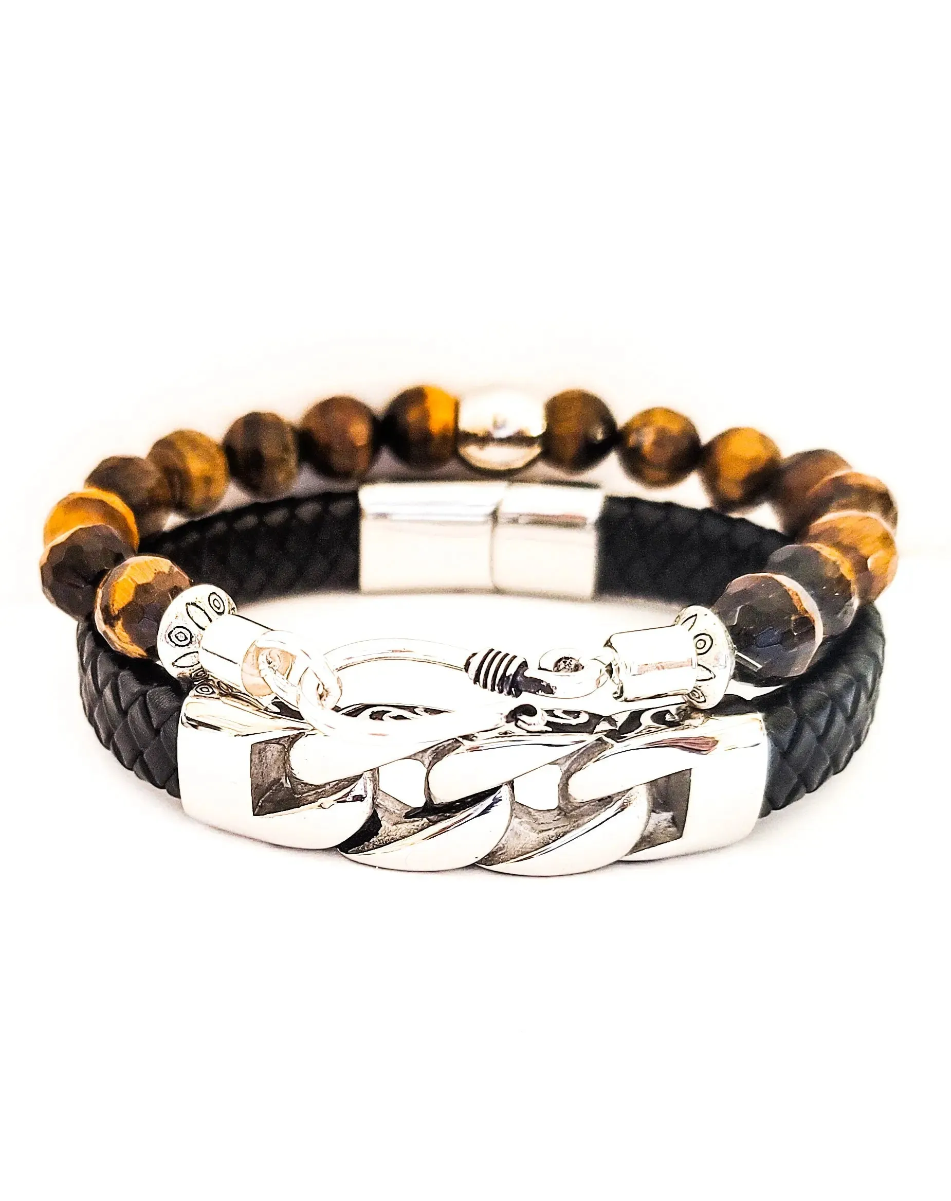 Men's Tiger Eye and Leather Bracelet Se