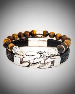 Men's Tiger Eye and Leather Bracelet Se