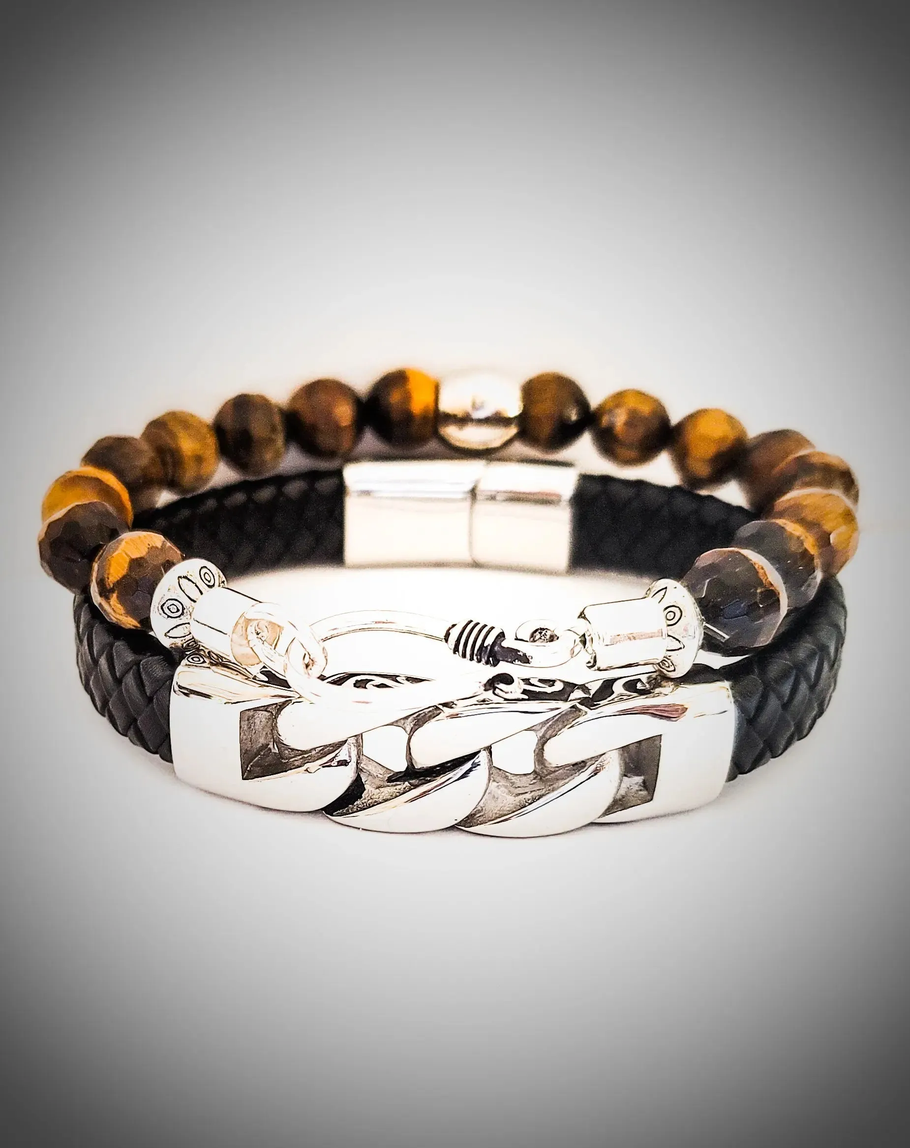 Men's Tiger Eye and Leather Bracelet Se