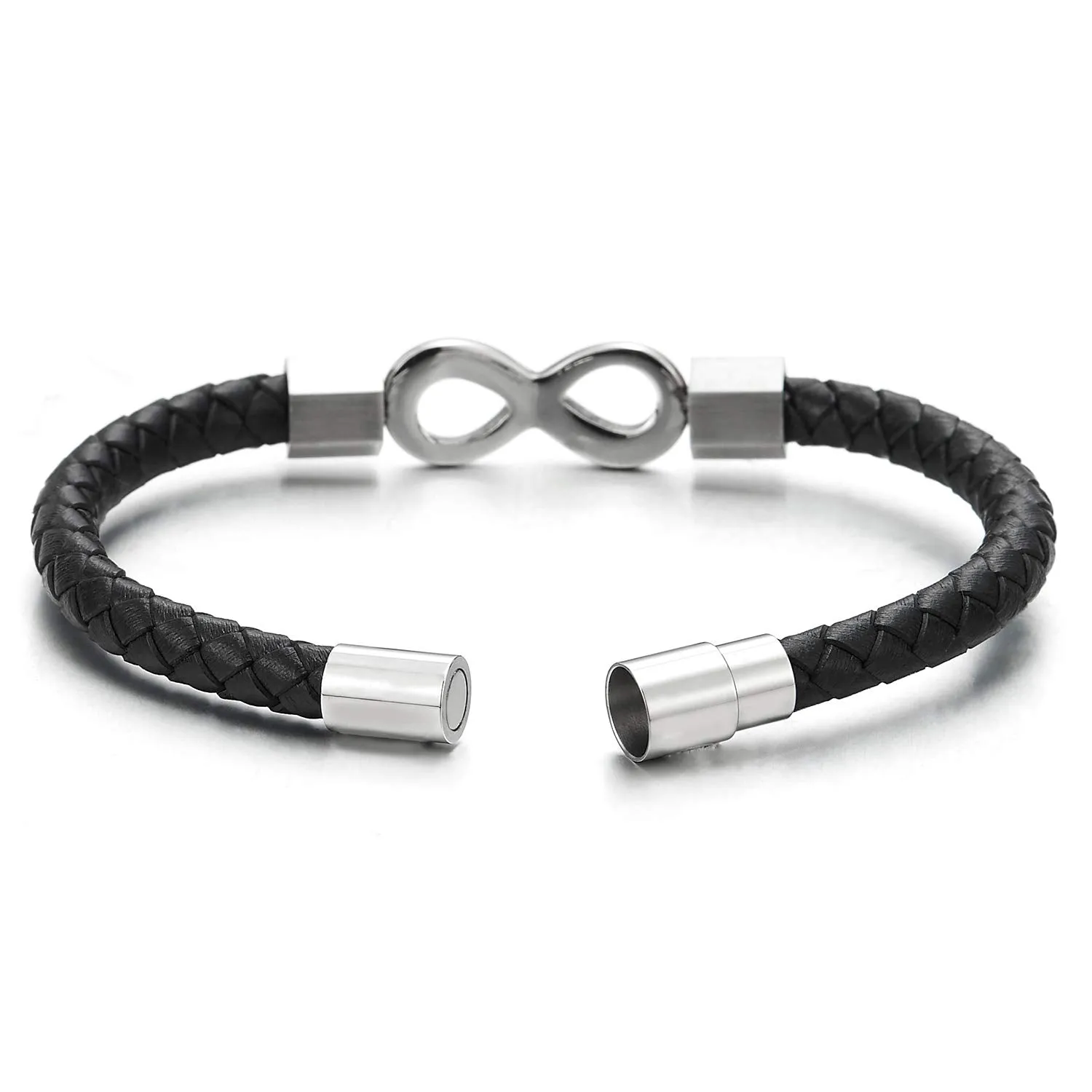 Mens Womens Black Braided Leather Bangle Bracelet Steel Infinity Love Number 8 and Magnetic Clasp