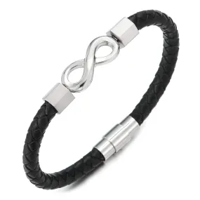 Mens Womens Black Braided Leather Bangle Bracelet Steel Infinity Love Number 8 and Magnetic Clasp