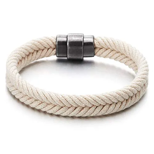 Mens Womens White Braided Cotton Rope Bangle Bracelet with Magnetic Clasp, Summer Accessories