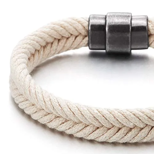 Mens Womens White Braided Cotton Rope Bangle Bracelet with Magnetic Clasp, Summer Accessories