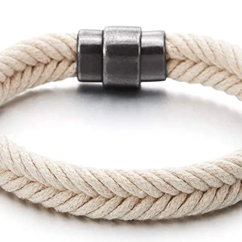 Mens Womens White Braided Cotton Rope Bangle Bracelet with Magnetic Clasp, Summer Accessories