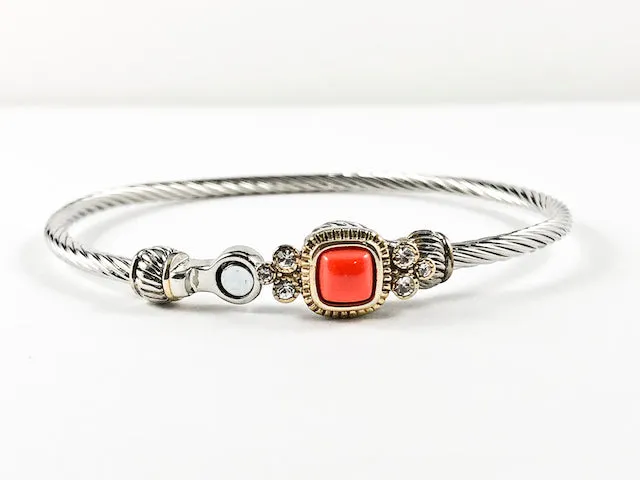 Modern Wire Texture Center Orange Coral Stone Magnetic Brass Bracelet