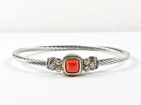 Modern Wire Texture Center Orange Coral Stone Magnetic Brass Bracelet