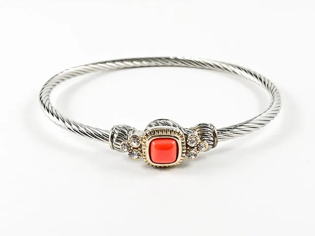 Modern Wire Texture Center Orange Coral Stone Magnetic Brass Bracelet